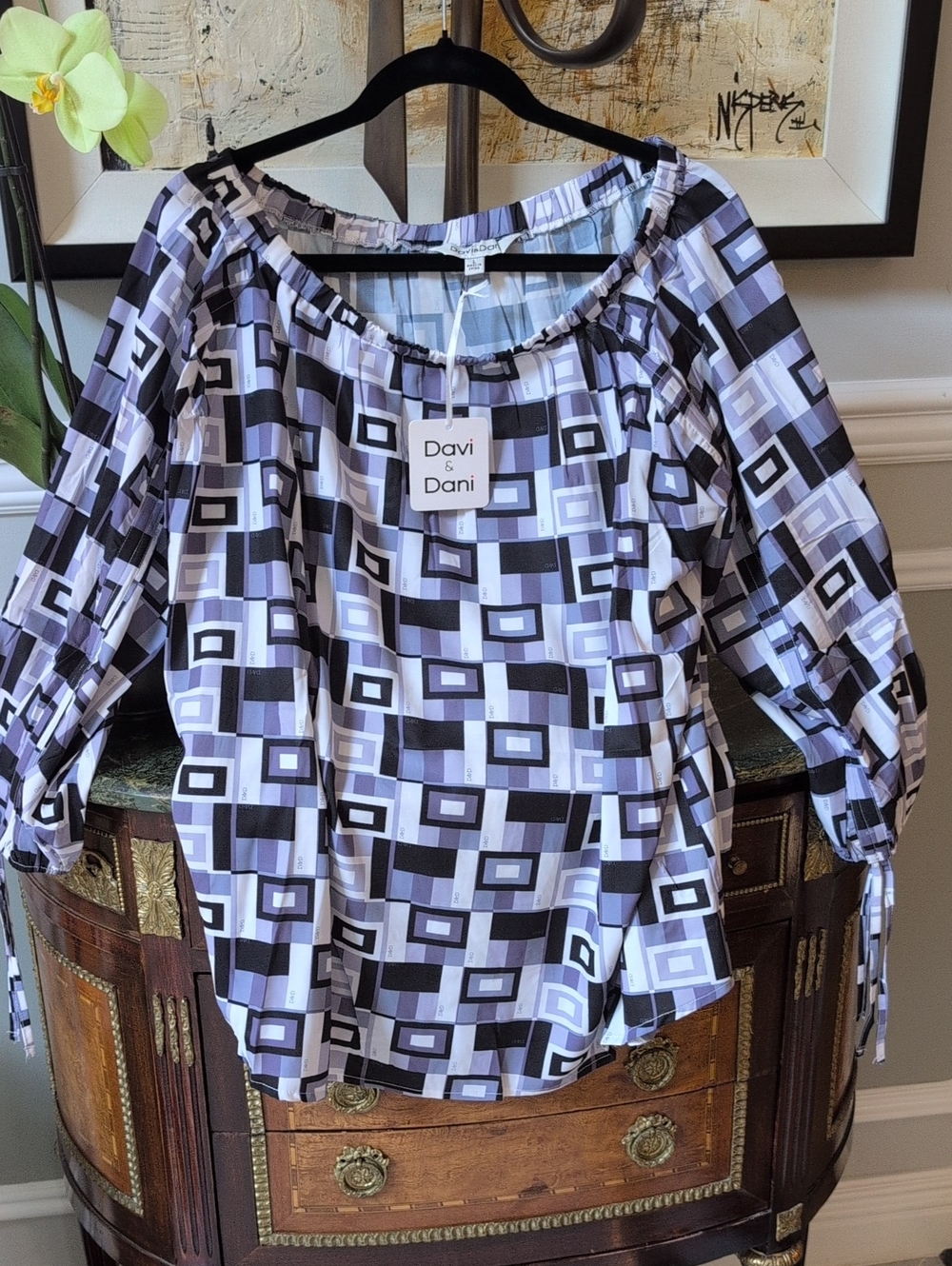 DAVI & DANI Lavender, Gray and Black Geometric Off-Shoulder Blouse Size L NWT